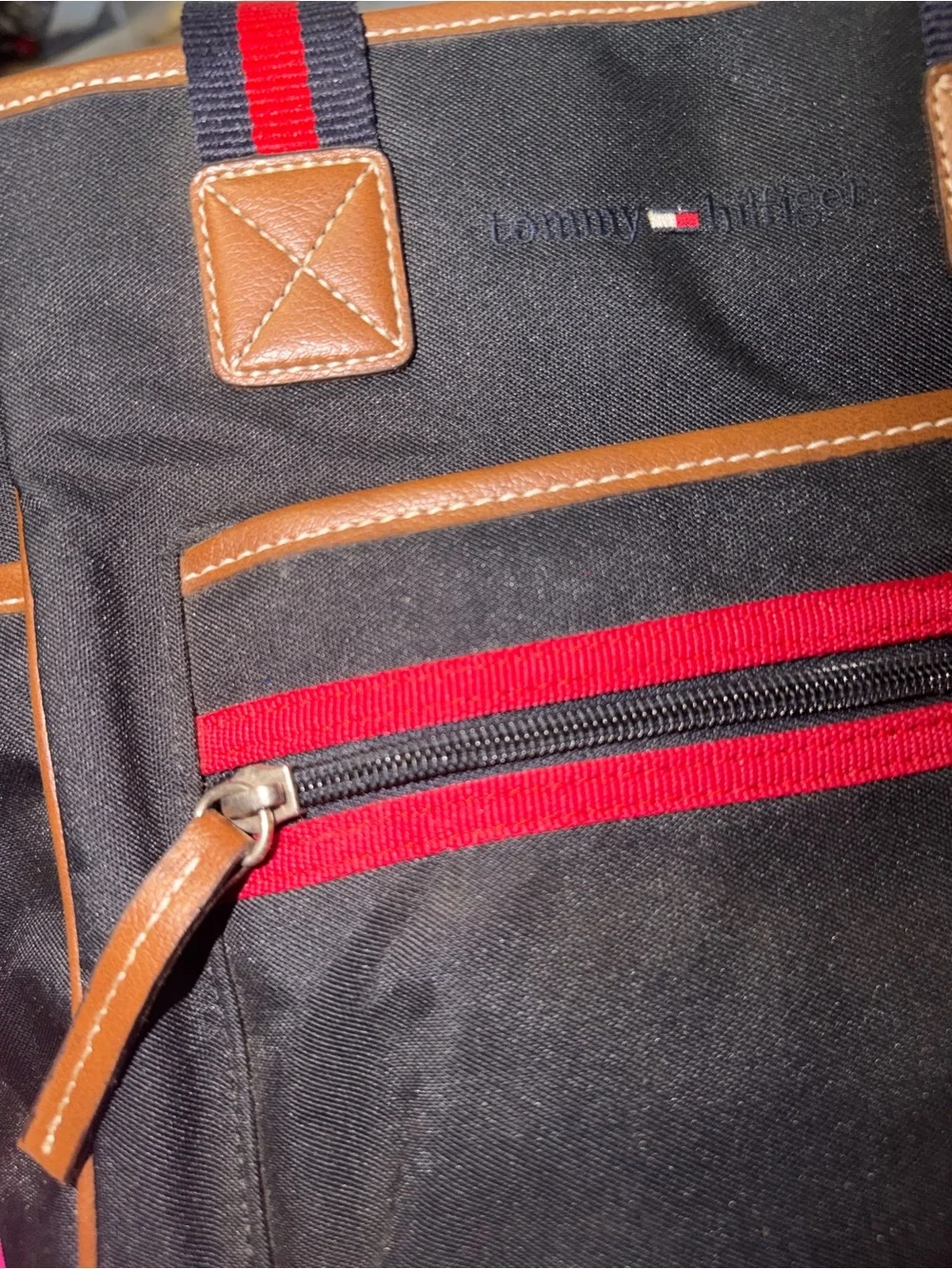 Tommy Hilfiger Black Canvas Backpack Tote with Brown Trim and Red Stripe